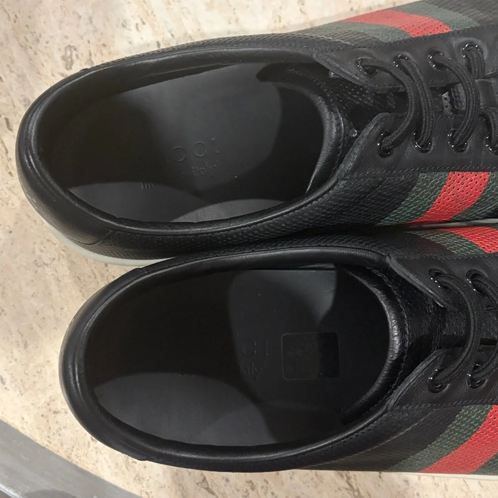 Gucci Black Leather Sneakers with Green and Red Web Stripe